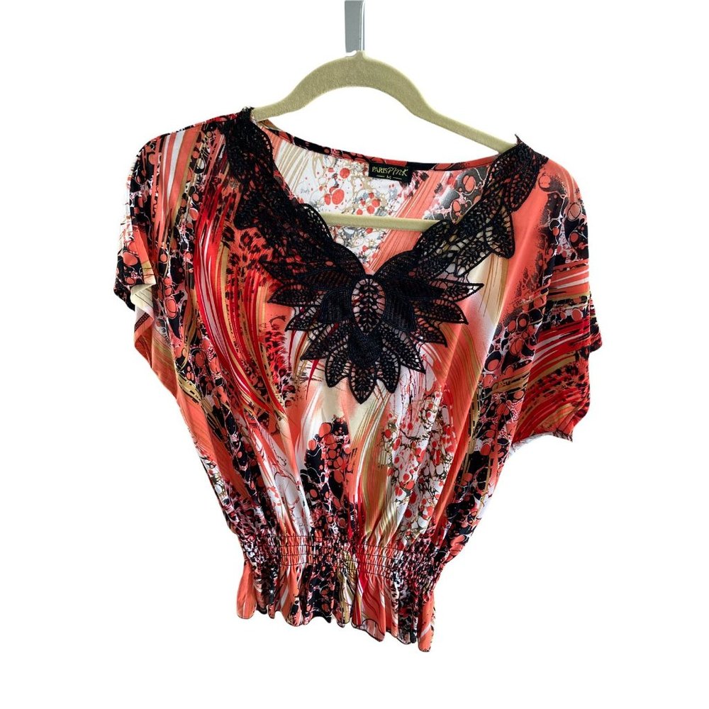 Paris Pink Womens Shirt Medium Pink Black Top V-Neck Spring Summer Work Career - Picture 2 of 8